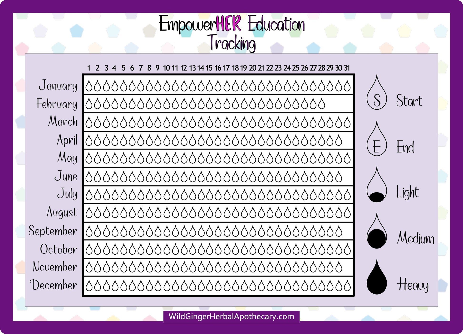 Polka Dot background with Period Tracking grid for the entire year. 